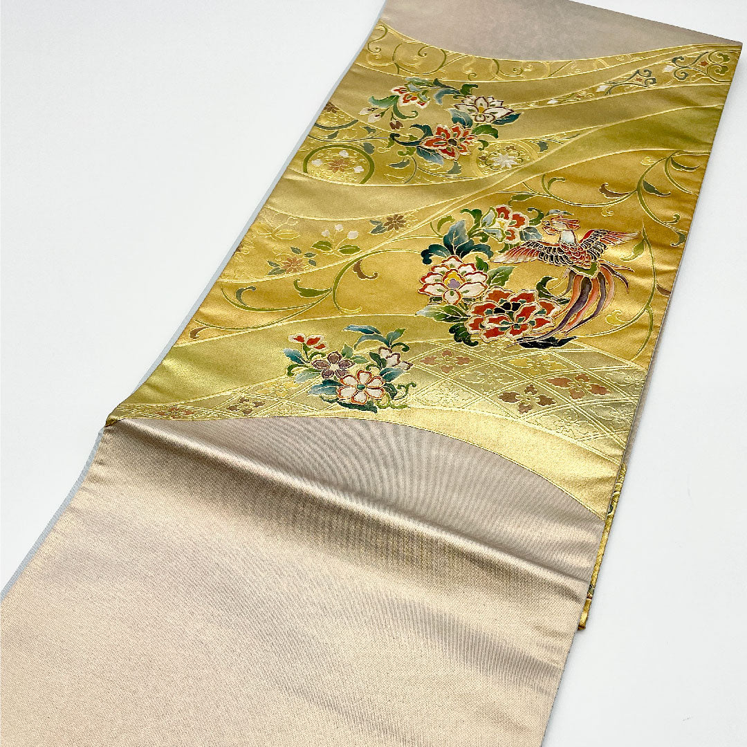 Fukuro-obi (sash) with gold leaf finish, phoenix and mother-of-pearl, obi length 440cm, pure silk, A rank, point pattern, formal, gold, 1123001043321