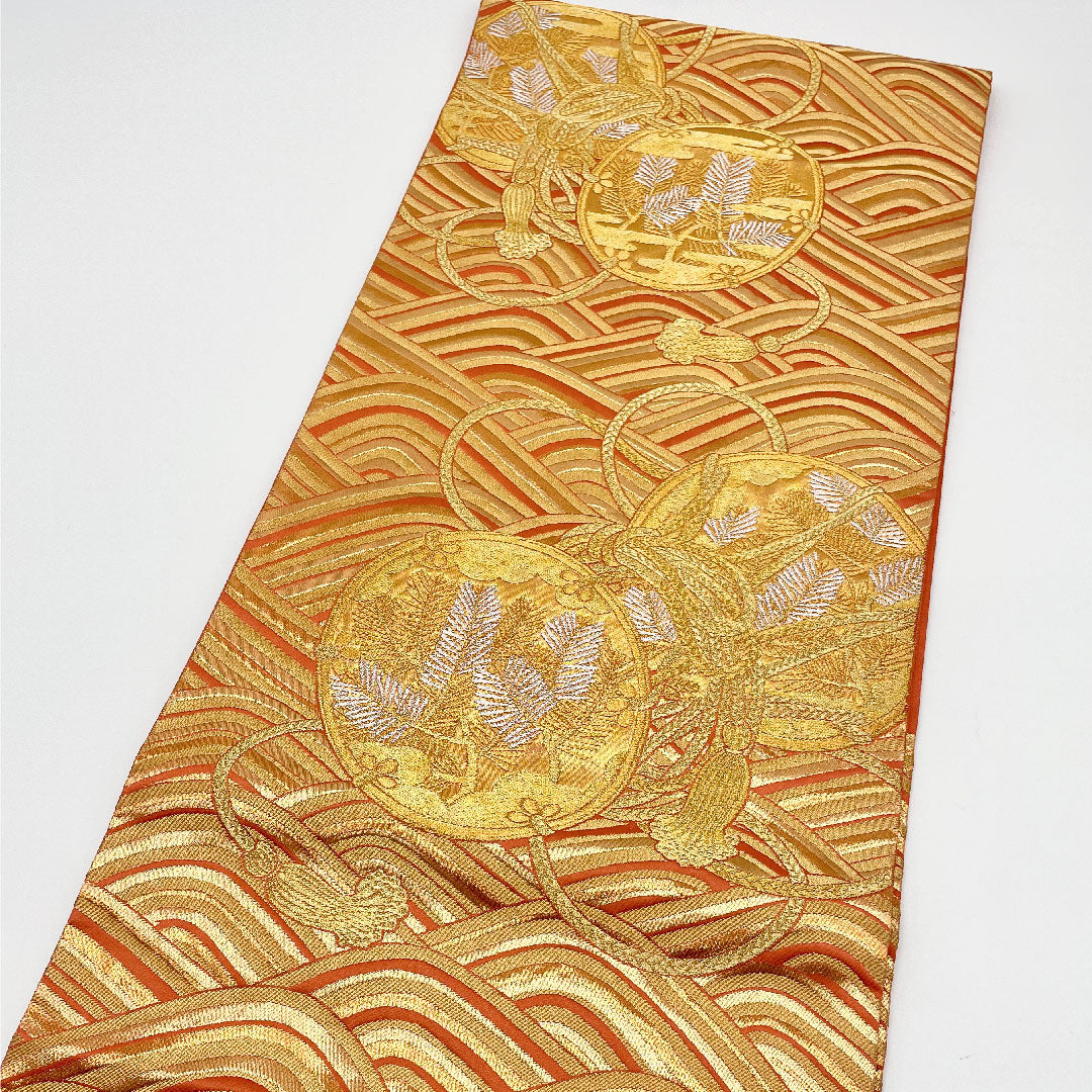 袋帯 鼓 波 帯丈448cm 正絹 Sランク 六通 フォーマル 金系 1123001142321