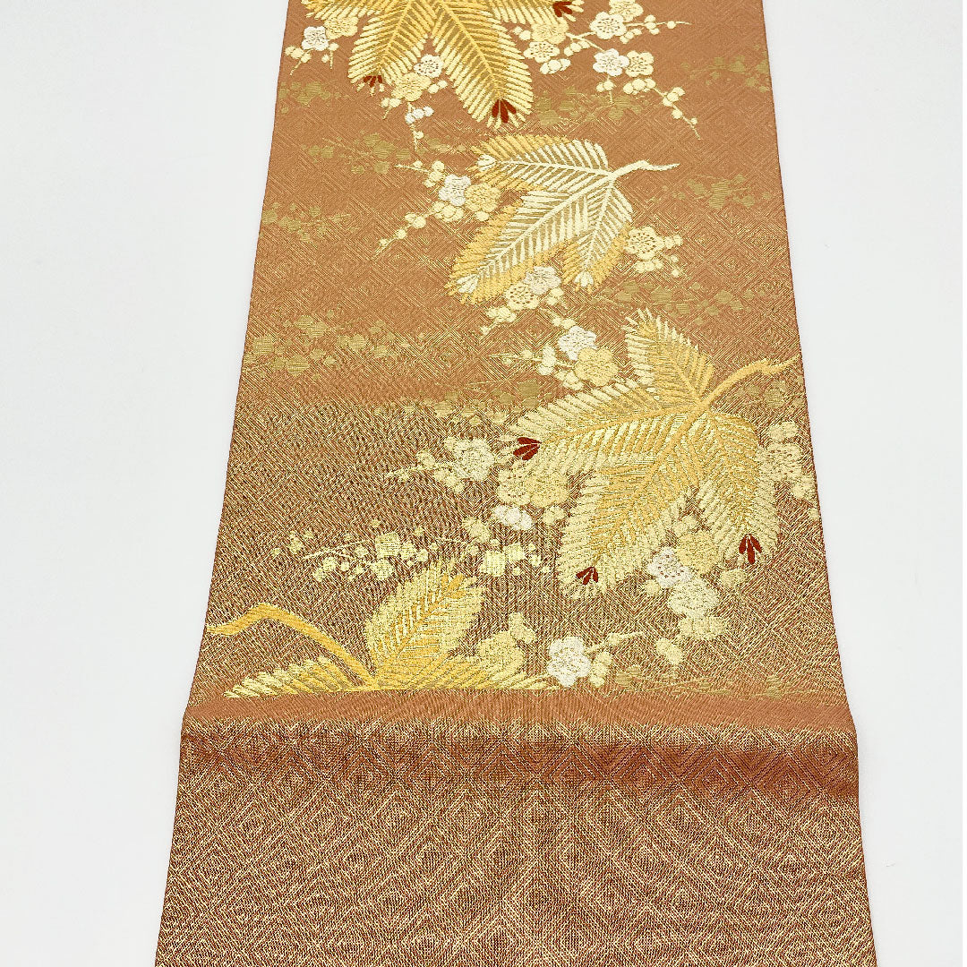 Fukuro Obi, Vermilion and Gold Young Pine Pattern, Diamond Pattern, Length 455cm, Pure Silk, A Rank, Six-way, Formal, Pink, 1123001153413