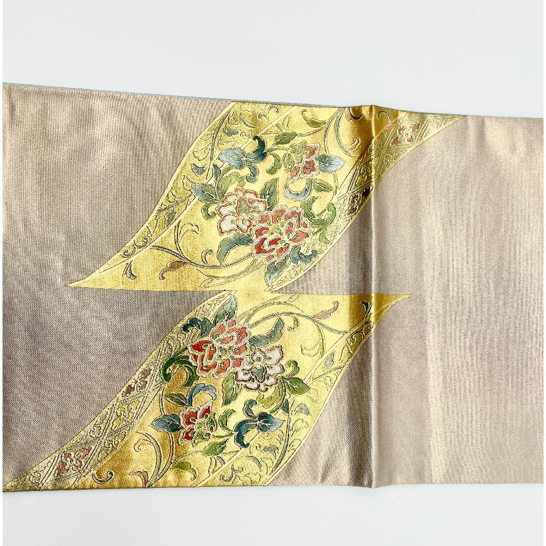 Fukuro-obi (sash) with gold leaf finish, phoenix and mother-of-pearl, obi length 440cm, pure silk, A rank, point pattern, formal, gold, 1123001043321