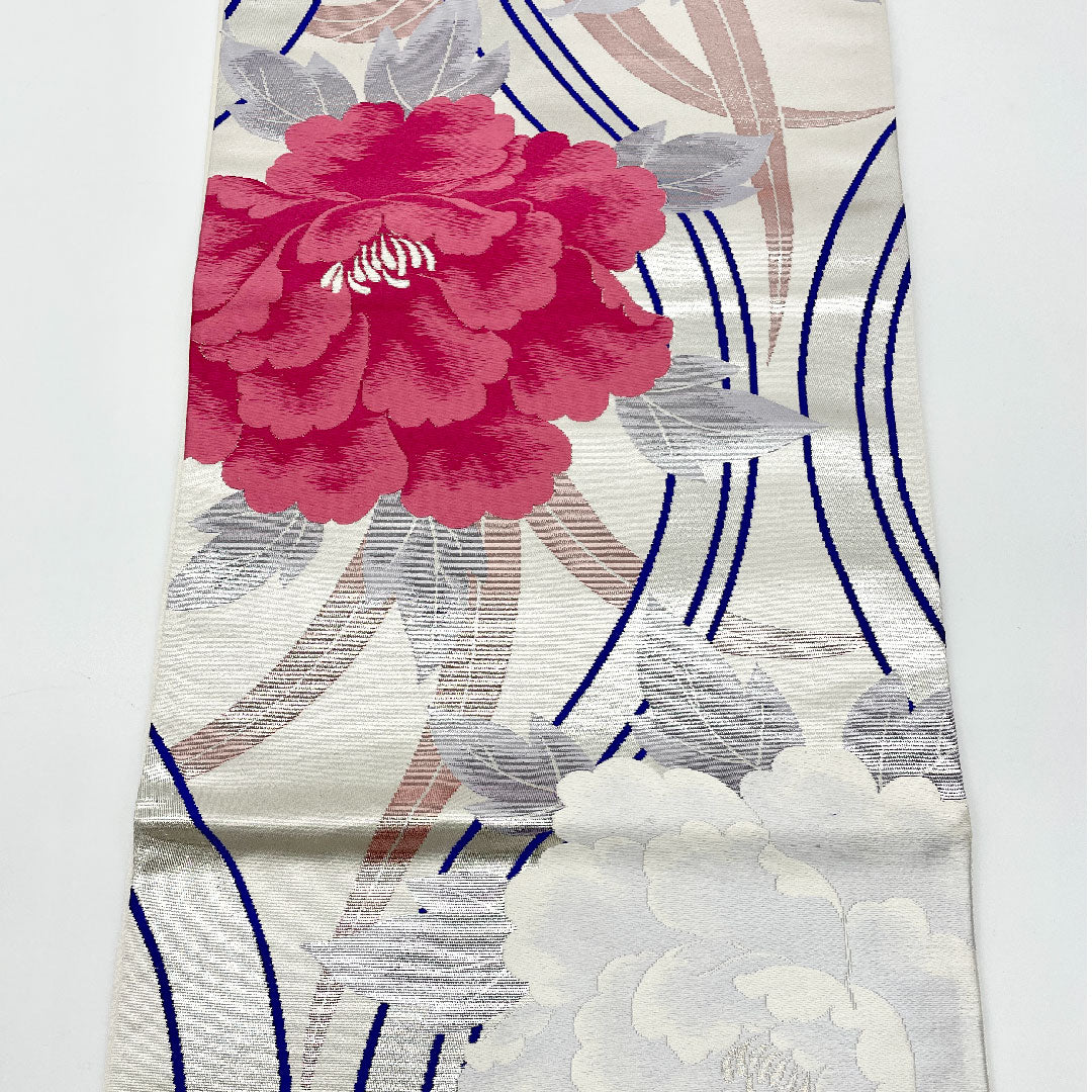 [Unfinished] Fukuro Obi, Silk, S-rank, Peony, Obi length 444cm, Six panels, Formal, Silver, 1123001292322