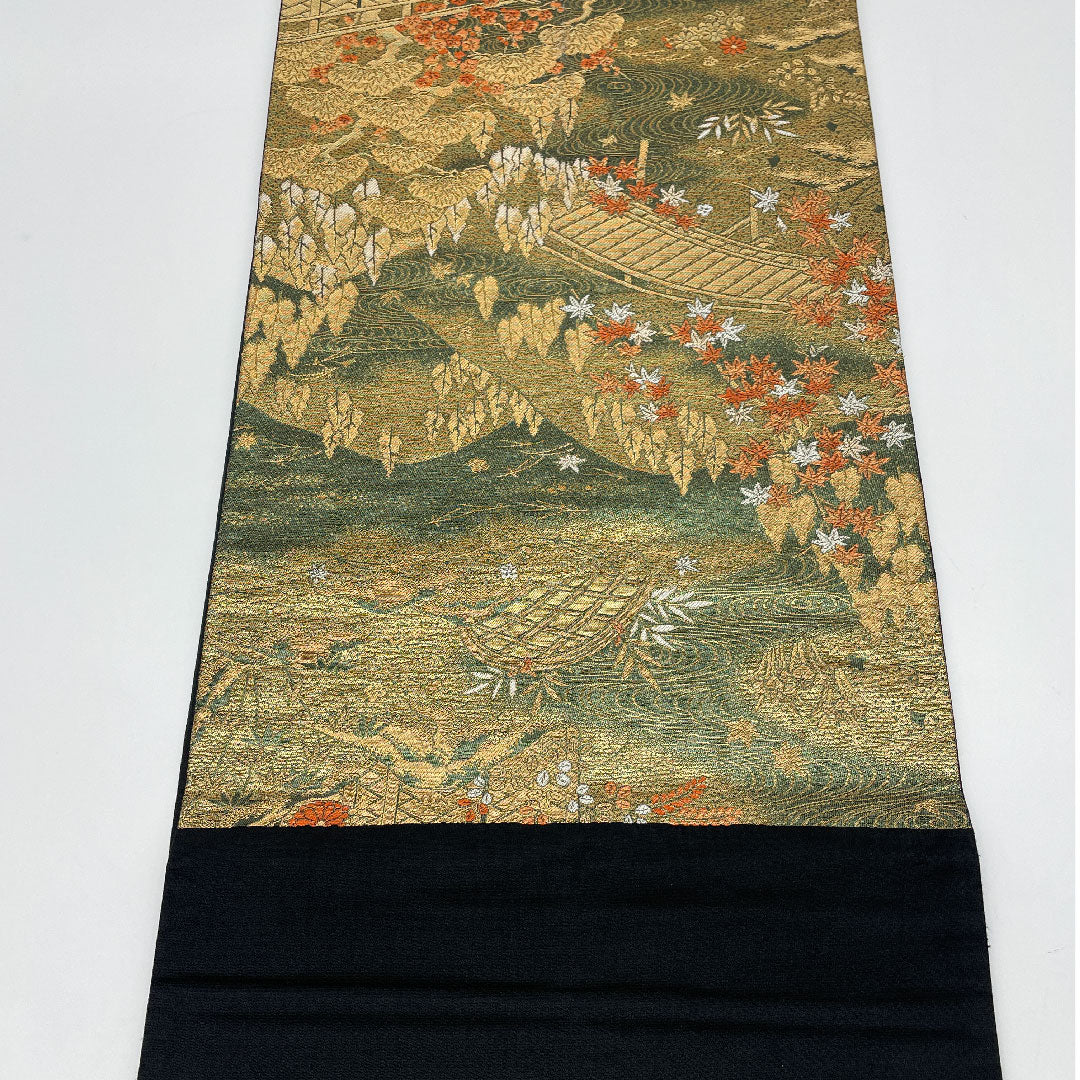 Fukuro Obi (Sleeve Belt) with Landscape Painting, Length 424cm, Pure Silk, A Rank, Six-Ply, Formal, Green, 1123000813319