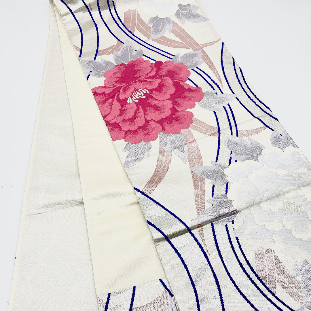 [Unfinished] Fukuro Obi, Silk, S-rank, Peony, Obi length 444cm, Six panels, Formal, Silver, 1123001292322