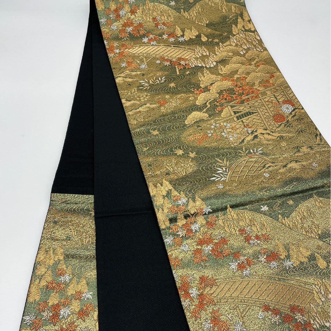 Fukuro Obi (Sleeve Belt) with Landscape Painting, Length 424cm, Pure Silk, A Rank, Six-Ply, Formal, Green, 1123000813319