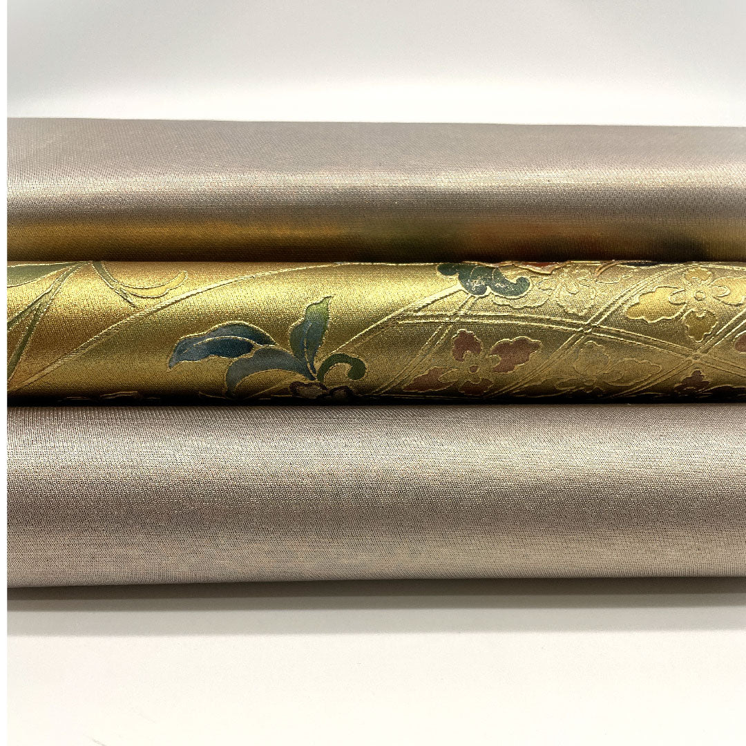 Fukuro-obi (sash) with gold leaf finish, phoenix and mother-of-pearl, obi length 440cm, pure silk, A rank, point pattern, formal, gold, 1123001043321