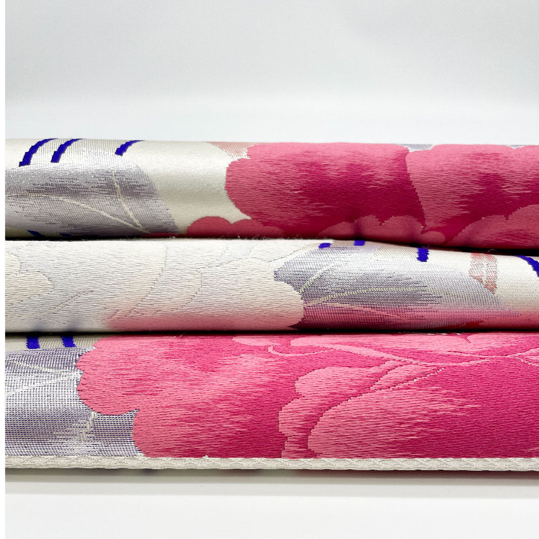 [Unfinished] Fukuro Obi, Silk, S-rank, Peony, Obi length 444cm, Six panels, Formal, Silver, 1123001292322