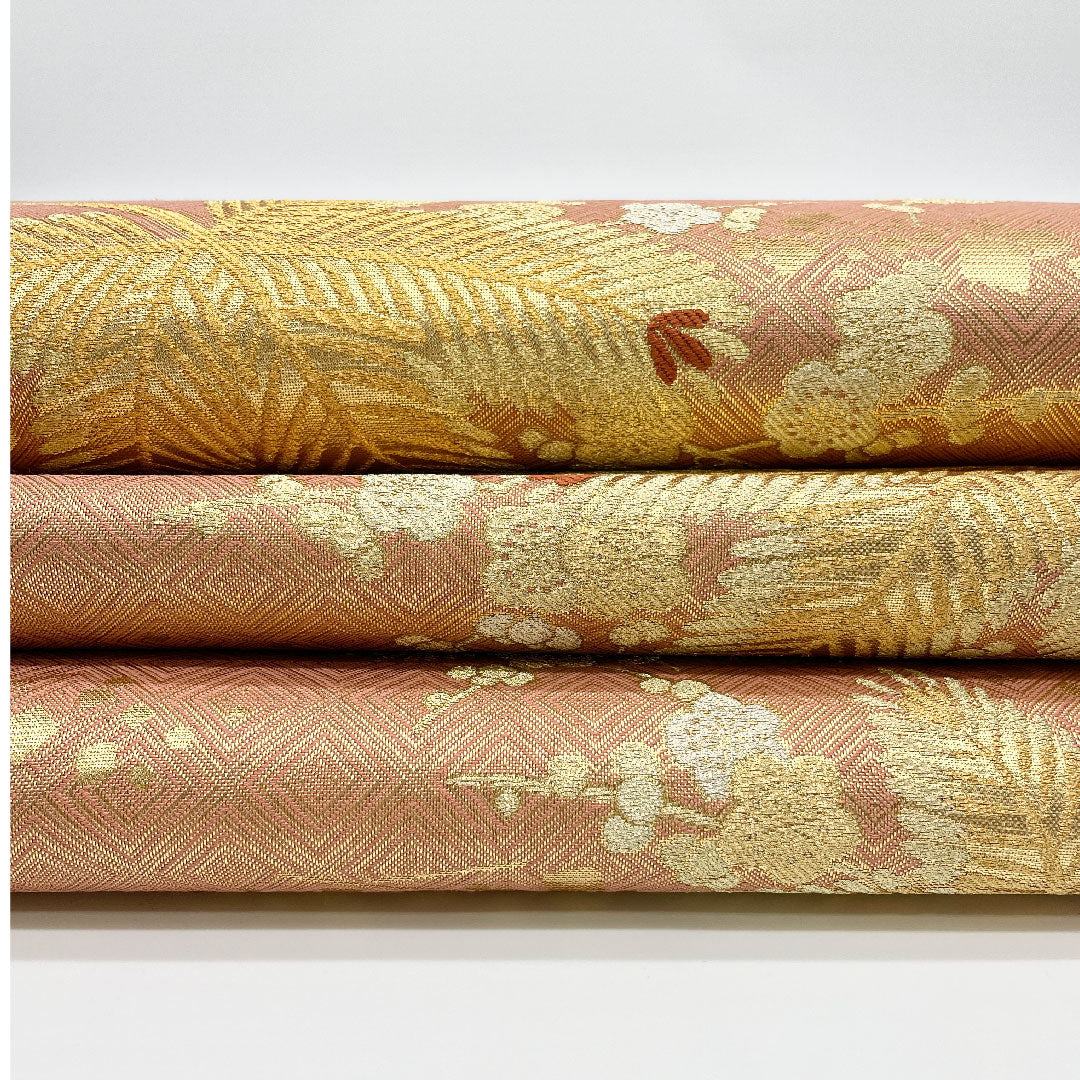 Fukuro Obi, Vermilion and Gold Young Pine Pattern, Diamond Pattern, Length 455cm, Pure Silk, A Rank, Six-way, Formal, Pink, 1123001153413