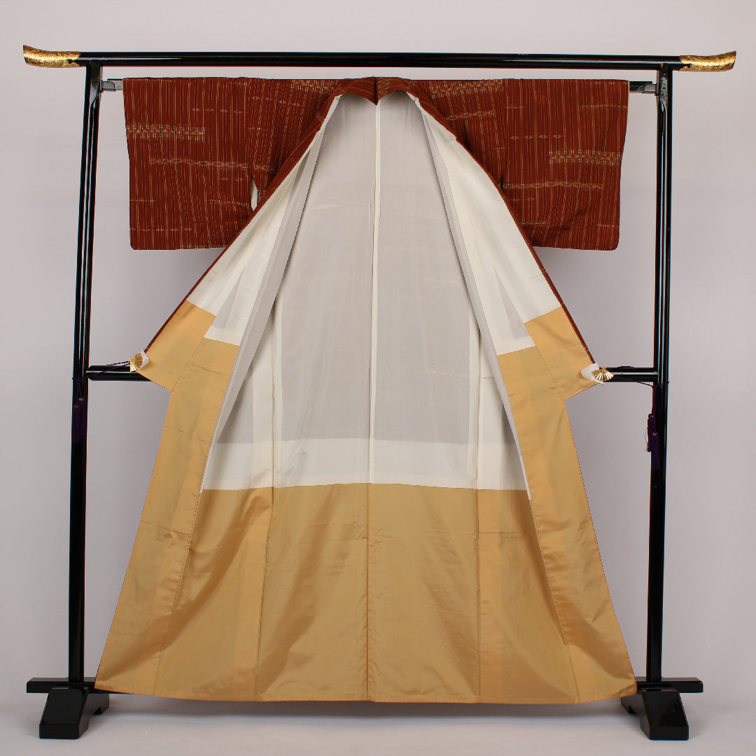 紬 正絹 身丈162cm 裄丈65cm 縞 Bランク 袷 茶系 1116000264414