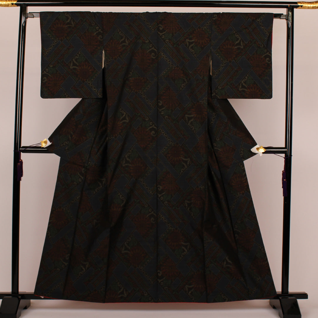 Oshima Tsumugi, Length 161.5cm, Sleeve length 65cm, Split pattern, Pure silk, Excellent condition, Awase, Navy blue, 1116000323318
